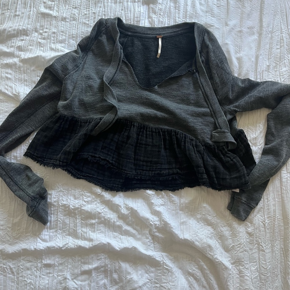 Free People Black Long Sleeve Polo Peplum Blouse